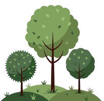 Three green trees on grassy hill illustration with nature and environment theme in flat style vector