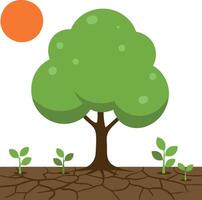 Tree with green leaves growing on cracked dry soil under orange sun environmental drought concept illustration vector