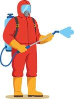 Worker in red hazmat suit spraying disinfectant with protective mask and gloves illustration vector