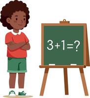Boy standing with arms crossed next to green chalkboard showing simple math addition problem learning concept illustration vector