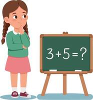 Young girl thinking about math problem on blackboard educational learning illustration vector