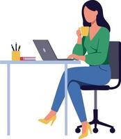 Woman working on laptop drinking coffee at desk in modern office environment illustration vector