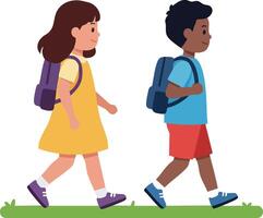 Two children walking with backpacks going to school or on a stroll in casual clothes illustration vector