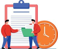 Two business men discussing documents with large clipboard and orange clock time management concept illustration vector
