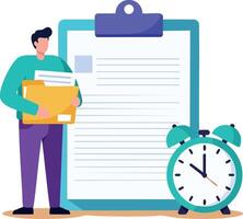 Man holding folders with clipboard and alarm clock for time management and organization illustration design vector