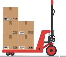 Pallet jack with stacked cardboard boxes for warehouse cargo handling and logistics operations illustration vector