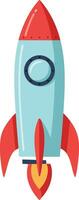 Rocket ship illustration with red fins and nose cone blasting off in space travel concept design vector