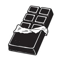 A black and white vintage art silhouette illustration showcases a partially unwrapped chocolate bar with a textured aesthetic on a white background. vector