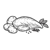 Vintage art silhouette of roasted chicken with potatoes rosemary and peppercorns a hand drawn illustration for culinary and food related designs vector