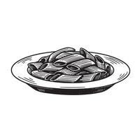 Penne pasta served on a plate vintage art silhouette in black and white suitable for culinary designs vector