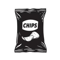 A stylized illustration showcasing a black chips bag with white text and chip graphics evoking a vintage art silhouette vector