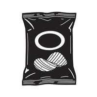 A stylish illustration of a black and white potato chip bag featuring crisps suitable for branding purposes and food-related graphic design projects vector