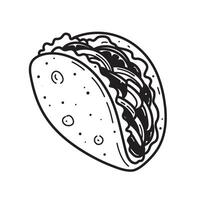Black and white line art illustration of a delicious taco with filling perfect for menus and culinary graphics vector