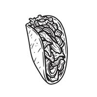 A delightful hand drawn illustration of a delicious taco bursting with fresh ingredients in a minimalist vintage art silhouette style. vector