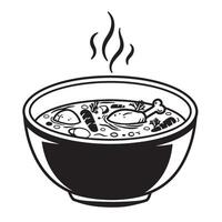 A vintage art silhouette illustration of a hot bowl of chicken noodle soup ready to serve with steam rising upwards vector