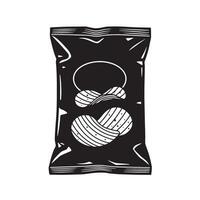 Black and white vintage art silhouette of a potato chip bag depicting crispy snacks ready for enjoyment vector