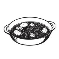 Vintage art silhouette depicting a delicious stew of meat and potatoes served in a rustic oval dish illustrating home cooked food vector