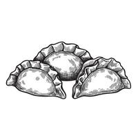Hand drawn vintage art silhouette of three dumplings showing detailed engraved texture isolated on white background vector