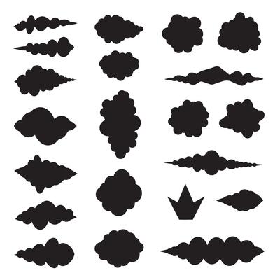 A collection of black silhouette cloud and smoke elements providing a decorative vintage art style for design