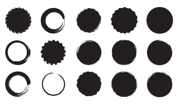 Abstract black circle icon set variations with brush strokes and decorative shapes vector