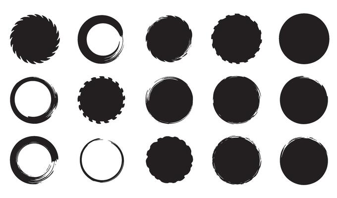Abstract black circle icon set variations with brush strokes and decorative shapes