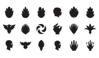 Abstract black silhouettes of various shapes including leaves faces hands and wings for design elements vector