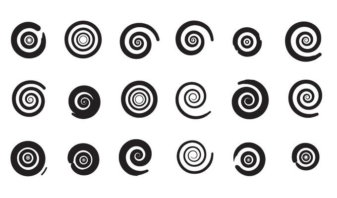 A collection of black and white spiral icons and decorative graphic elements for various design projects