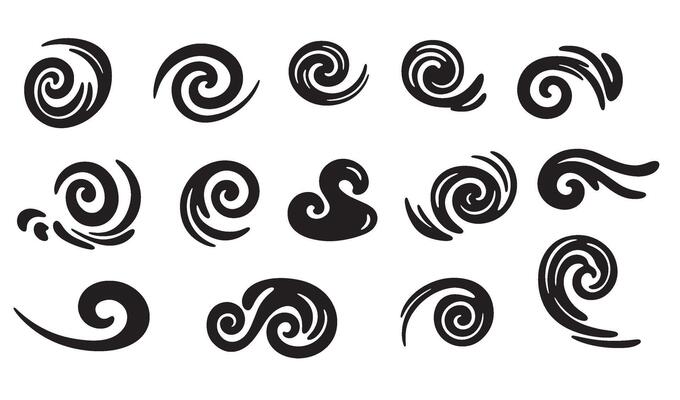 Collection of black swirls and spirals icon set on white background for design elements