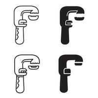 Four simple outlines and solid black illustrations of pipe wrenches vector