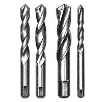 Detailed engraved illustration of a set of four drill bits isolated on a white background vector