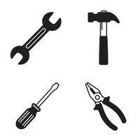 Simple black and white illustration featuring a set of tools for construction and repair vector