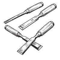 Hand drawn woodworking chisels ornament set in black and white with detailed lines vector