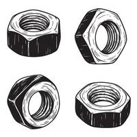 Detailed hand drawn illustration of various hex nuts in black and white vector