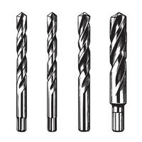 Four detailed black and white drill bits design set for construction repair and diy projects vector