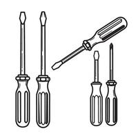 Monochrome illustration of various screwdriver tools as a set with detailed ornament vector