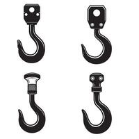 set of four different style heavy duty crane hooks in black and white vector