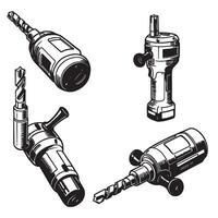 Detailed black and white illustrations of various power drill types and orientations vector