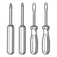 Detailed hand drawn screwdriver set in black and white with various head types and handle designs vector