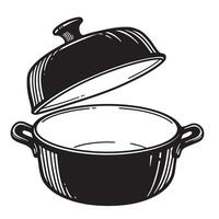 Open black and white dutch oven illustration with lid off prepared for cooking in retro style vector
