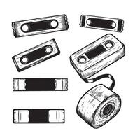Vintage hand drawn cassette tapes and videotape set ornament with white background vector