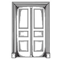 Classic black and white illustration of a detailed double door with panels and a decorative frame. vector