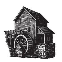 Detailed black and white illustration of an antique water mill with wooden structure and working water wheel vector