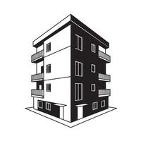 A modern black and white illustration showcasing an apartment building with balconies and a contemporary architectural design vector