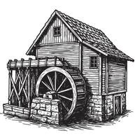 Detailed grayscale illustration of a historic wooden watermill showcasing architecture and intricate mechanical workings. vector