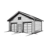 Detailed black and white illustration of a rustic garage building with garage doors and a small door. vector