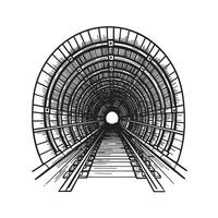 Hand drawn illustration of a railway tunnel perspective showing tracks leading to the light at the end of tunnel vector