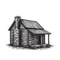 Rustic hand drawn log cabin illustration featuring wooden structure with chimney and porch design elements vector