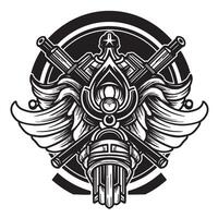 Intricate black and white emblem featuring crossed cannons with wings and geometric decorative elements vector
