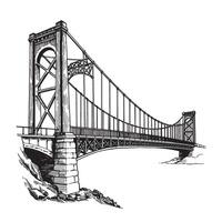 Artistic black and white illustration of a detailed suspension bridge architecture crossing over a rocky terrain vector