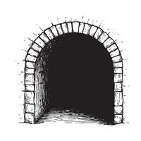 Hand drawn illustration of a detailed stone archway with a perspective of the dark entrance on a white background vector
